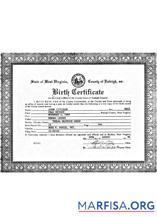 Blank USA West Virginia birth certificate sample